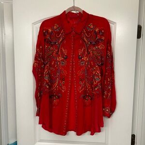 Beautiful Johnny Was Long Sleeve Floral Embroidery Button Front Tunic SIZE L NWT